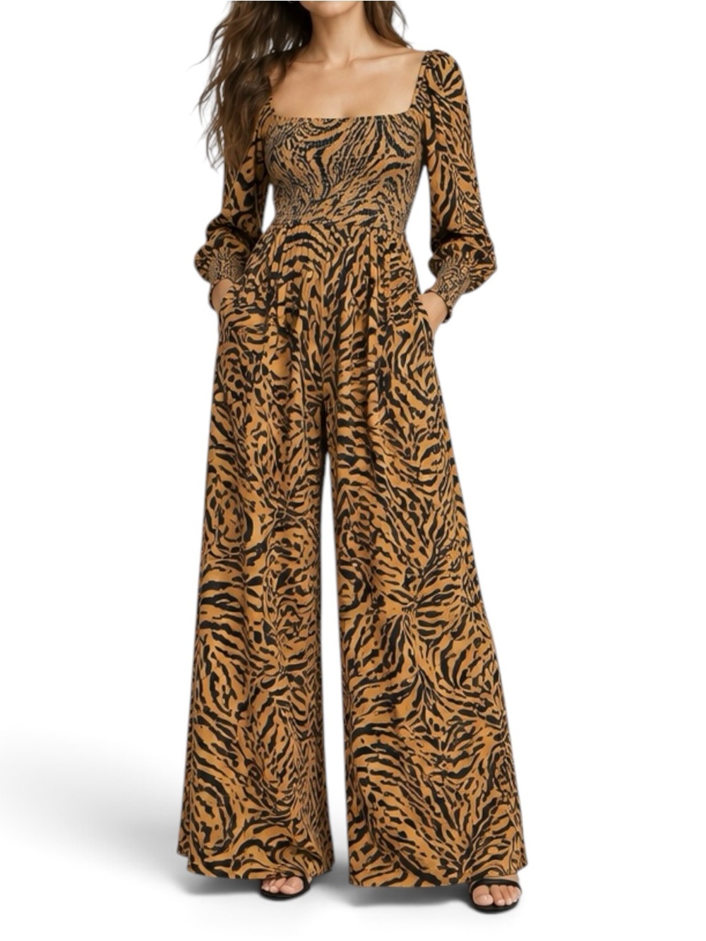 Kachel x Anthropologie Tiger Stripe Jumpsuit Size 6 NWT Wide Leg Smocked